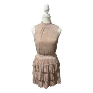 Metallic Smocked Tiered Dress Mock Neck Party Holiday Shimmer XS